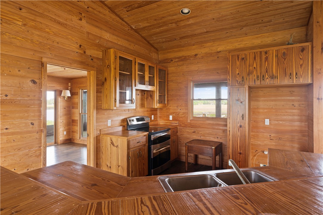 Wood-paneled kitchen with a double sink, black range, glass-front cabinets, and a window overlooking open marshland.