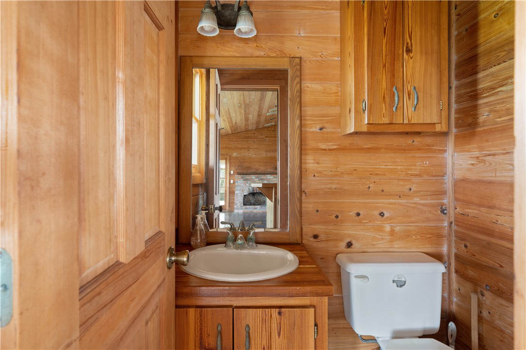 Wood-paneled bathroom with a white sink, toilet, and mirror reflecting a stone fireplace.