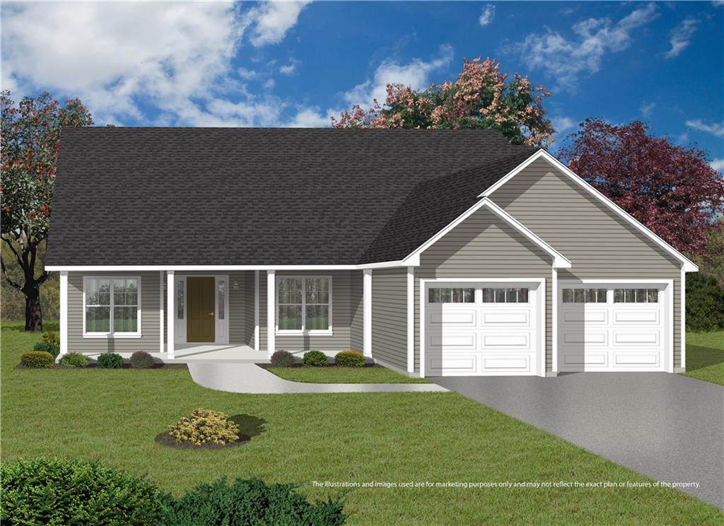 Rendered gray single-story home with a covered entry and two-car garage.