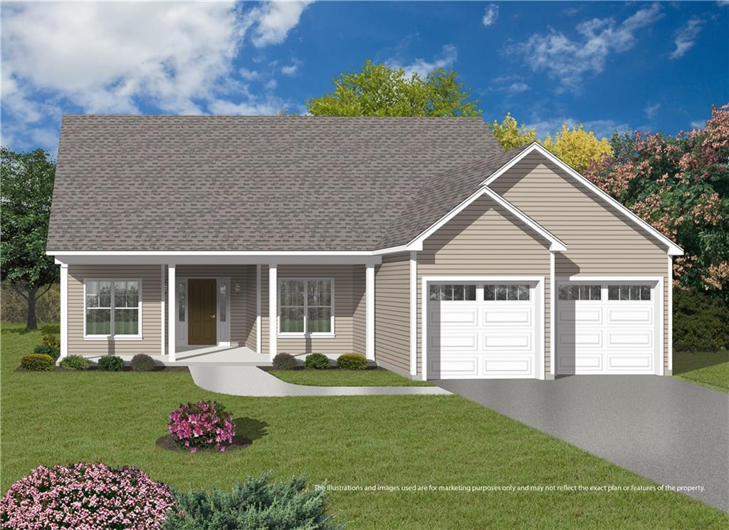 Illustrated beige single-story home with a covered entry, two-car garage, and flowering front garden.