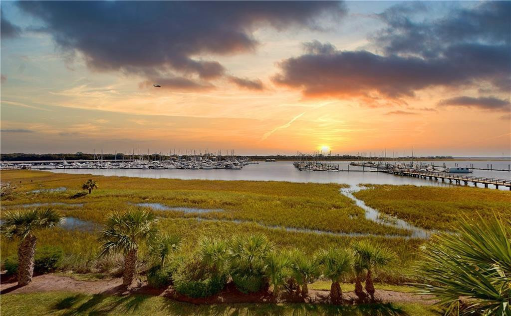 Waterfront marina and tidal marsh at sunset, with sailboats, docks, and palm trees.