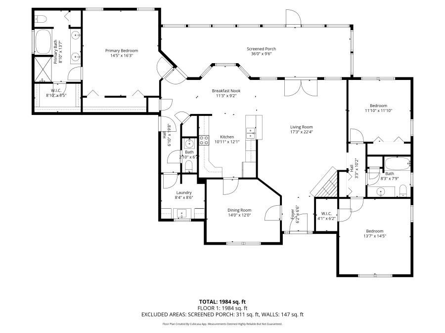 First-floor plan showing three bedrooms, a screened porch, open living area, kitchen, dining room, and laundry.