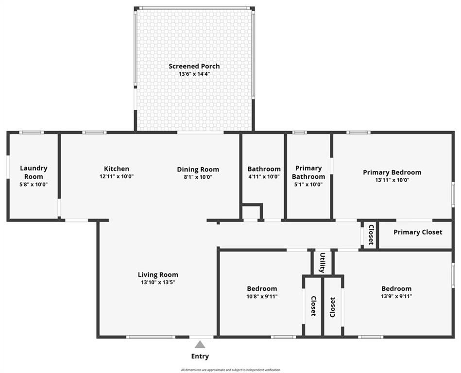 Floor plan showing a screened porch, living room, kitchen, dining room, and three bedrooms.