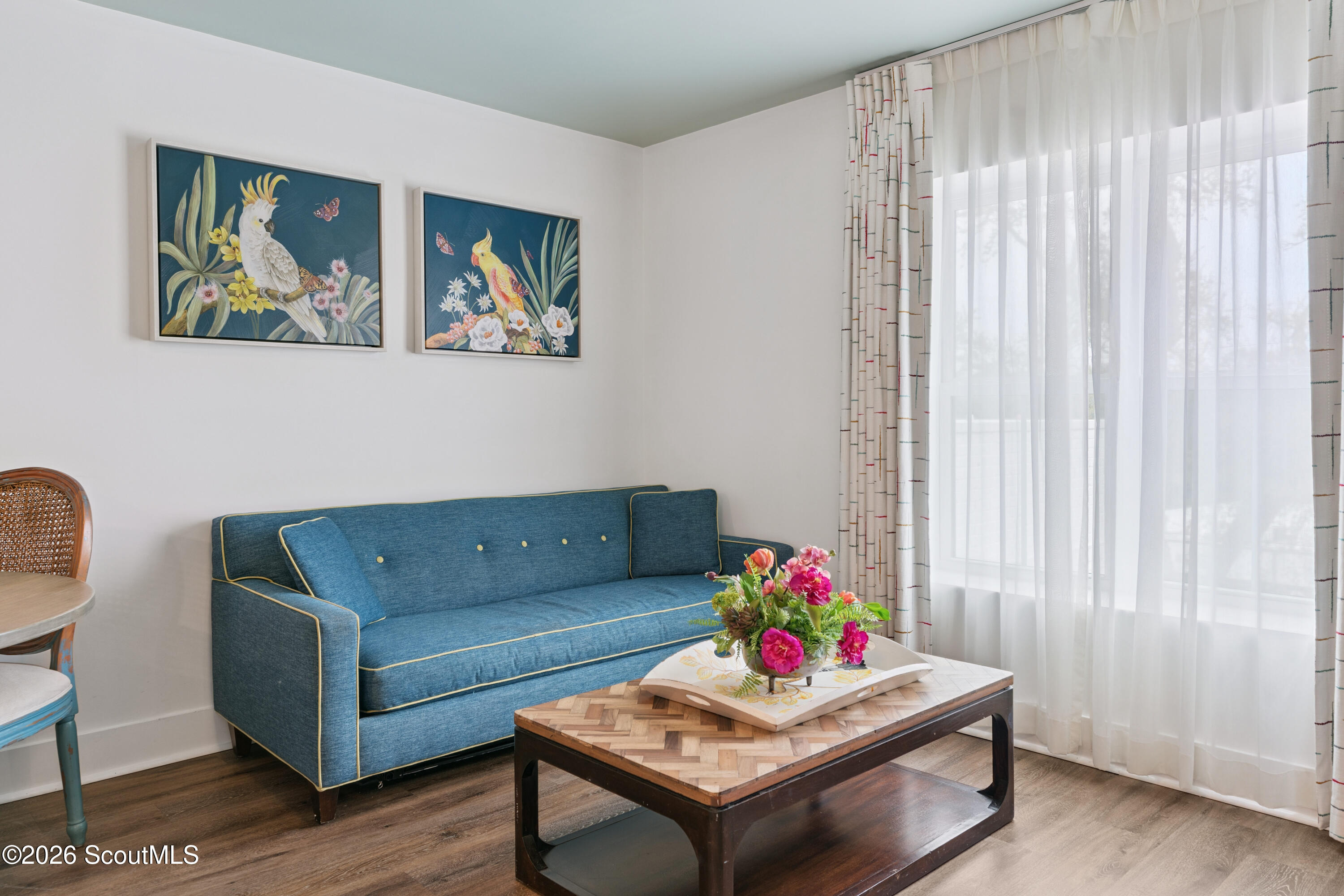 Living room with a blue sofa, framed bird paintings, and a flower arrangement on the coffee table.