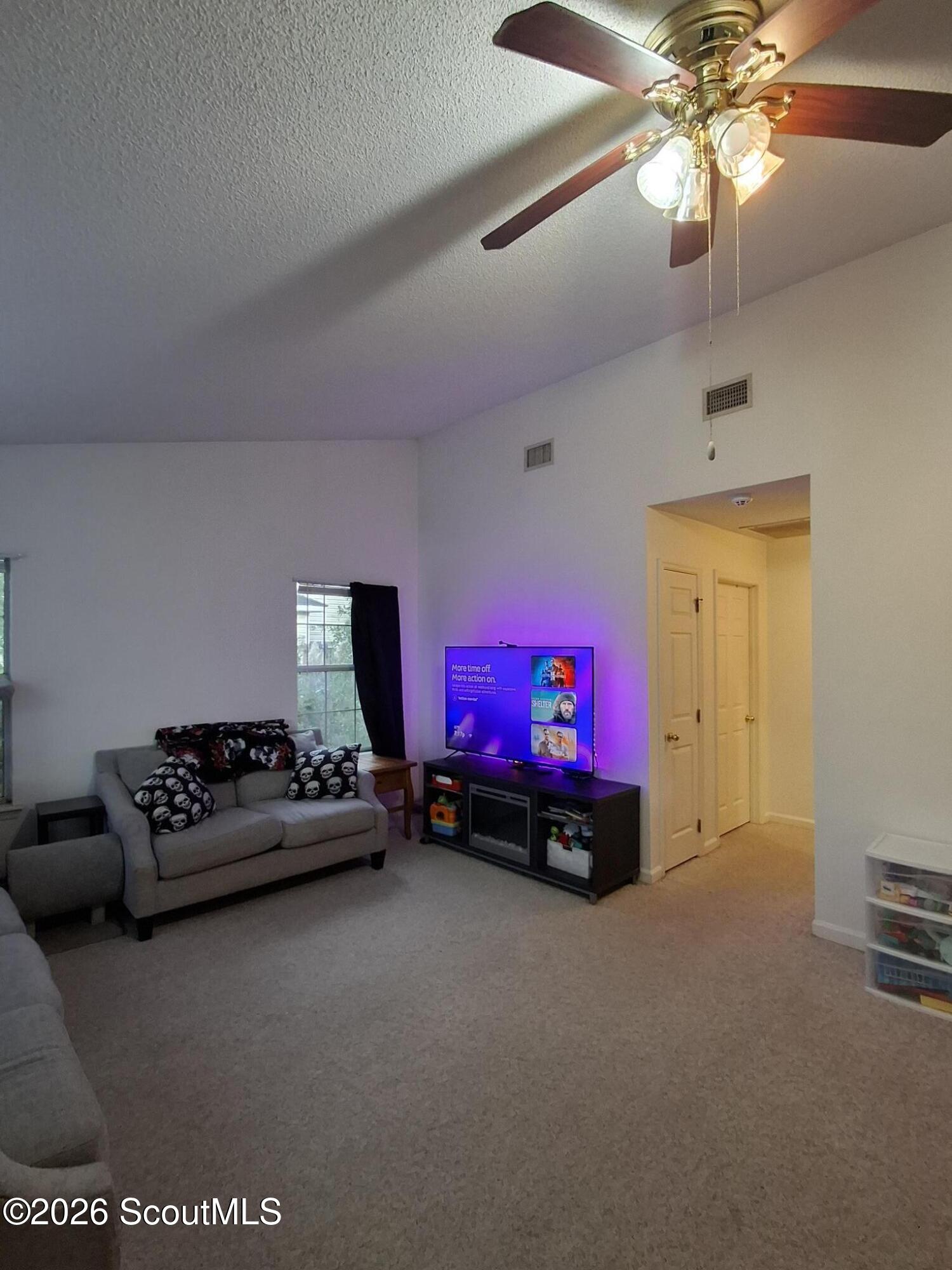 Living room with a gray sofa, skull-patterned cushions, TV, and ceiling fan.