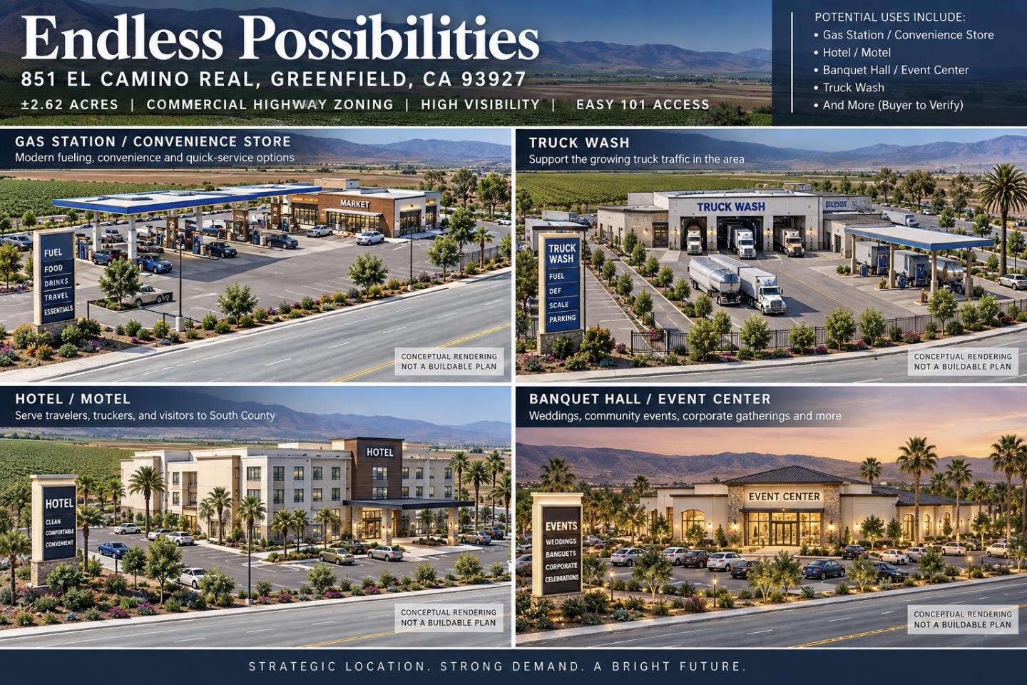 Commercial property concept flyer showing potential gas station, truck wash, hotel, and event center uses.