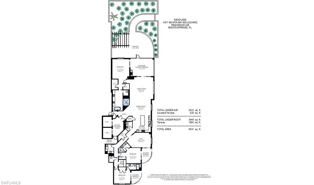 Floor plan for Seaglass residence 306, with a landscaped terrace.