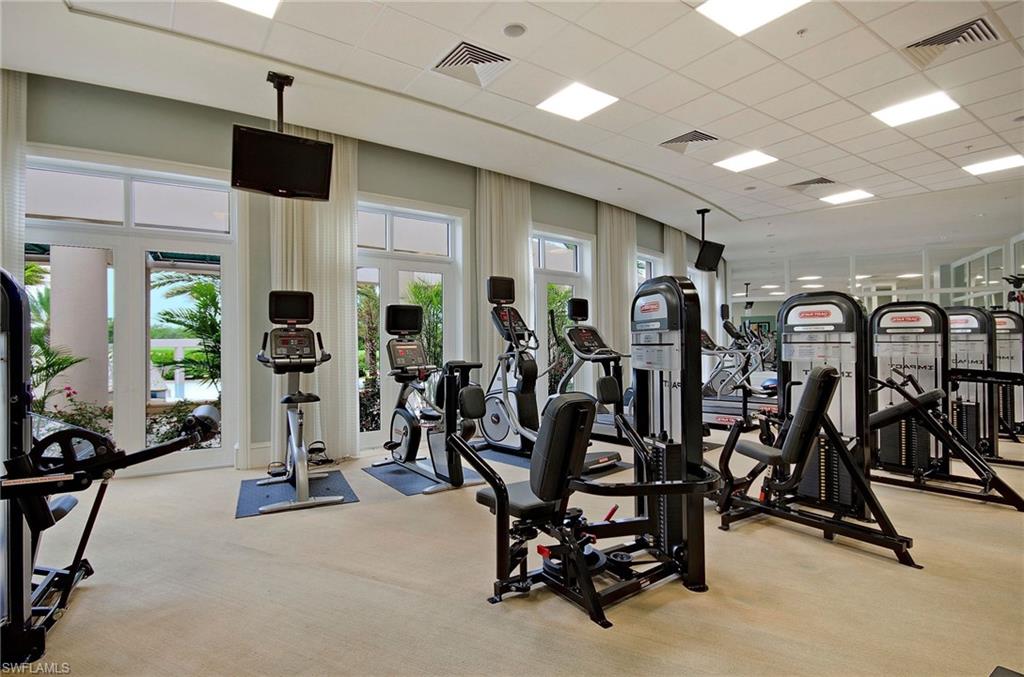 Fitness room with cardio and weight machines beside tall windows overlooking palm trees.
