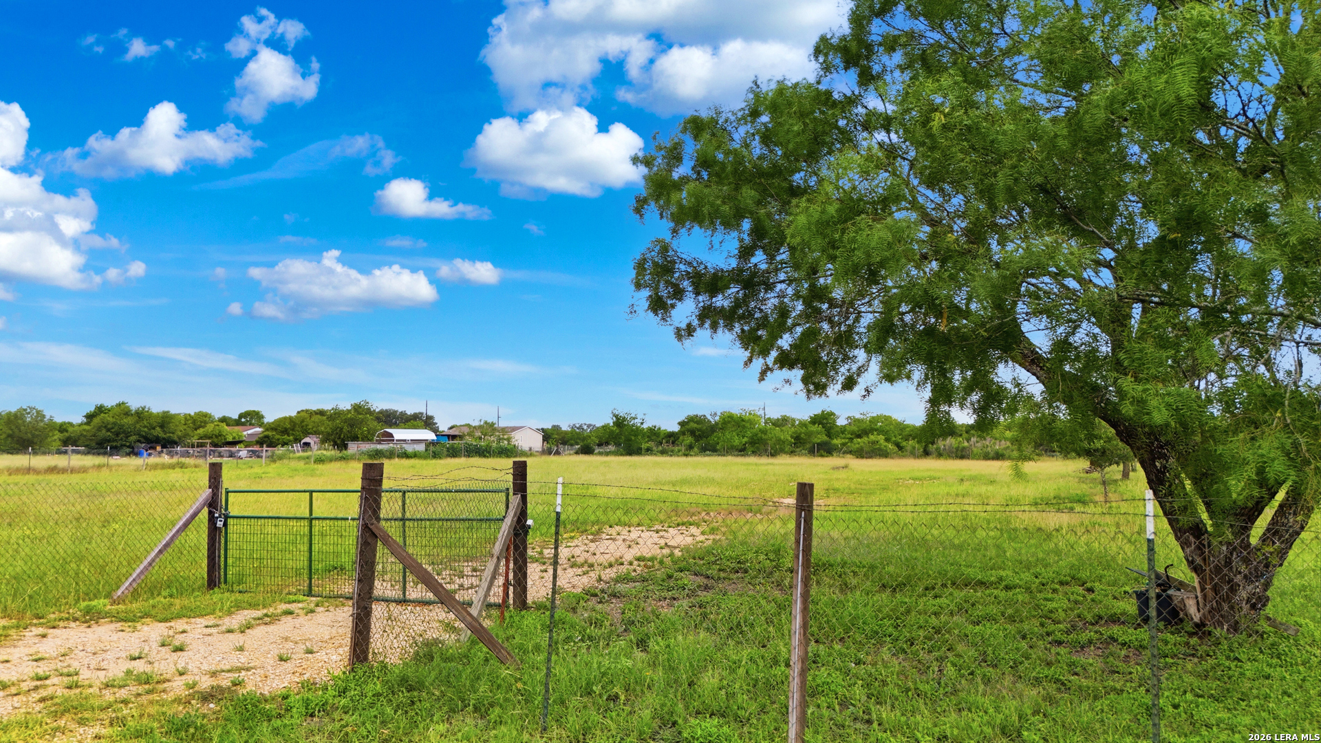 Rural property entrance with a green gate, fenced grassy field, and large shade tree.