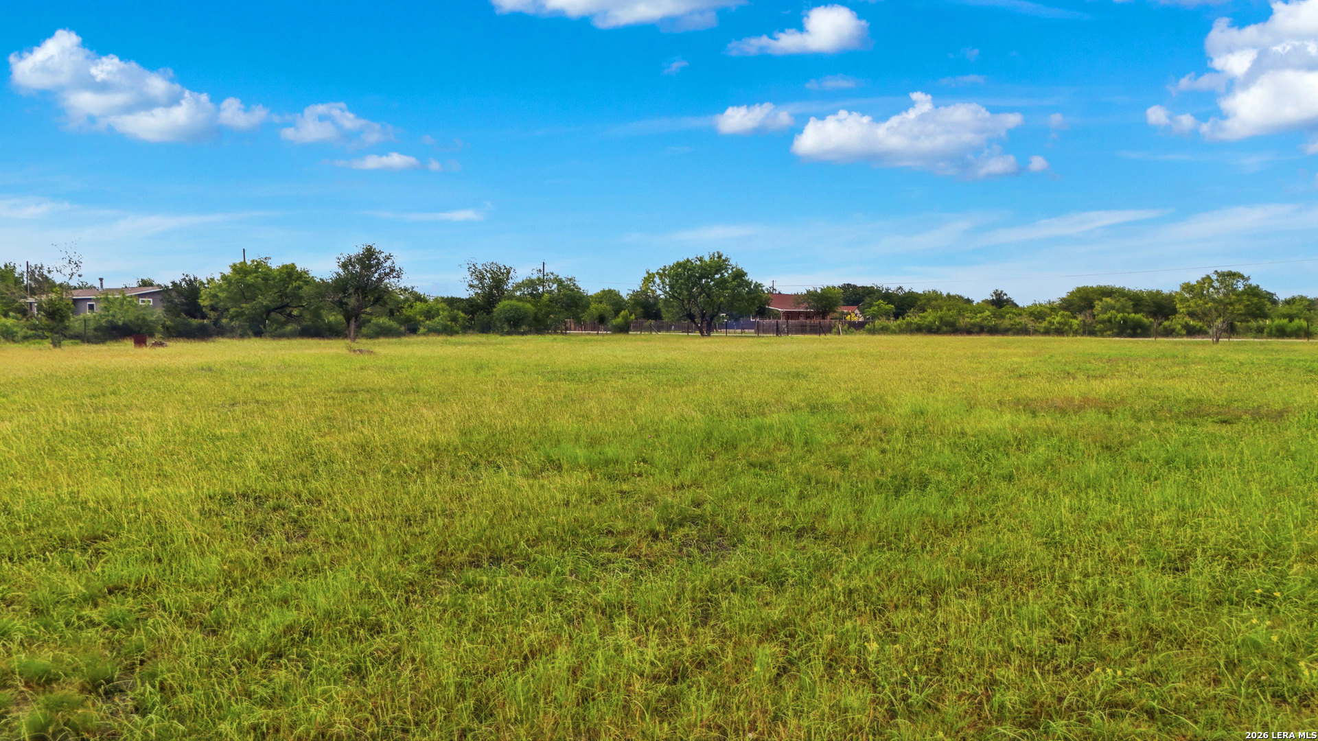 Grassy field with scattered trees and distant buildings beneath a blue, cloud-dotted sky.