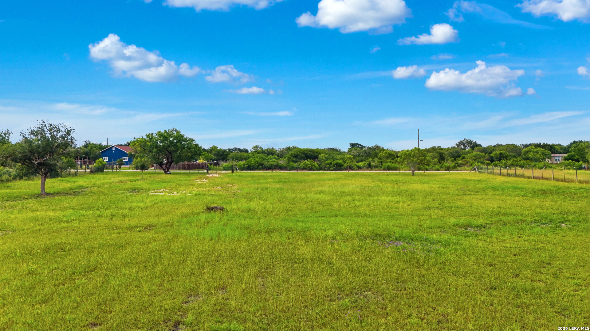 Open grassy lot with scattered trees, fencing, and a blue house in the distance.