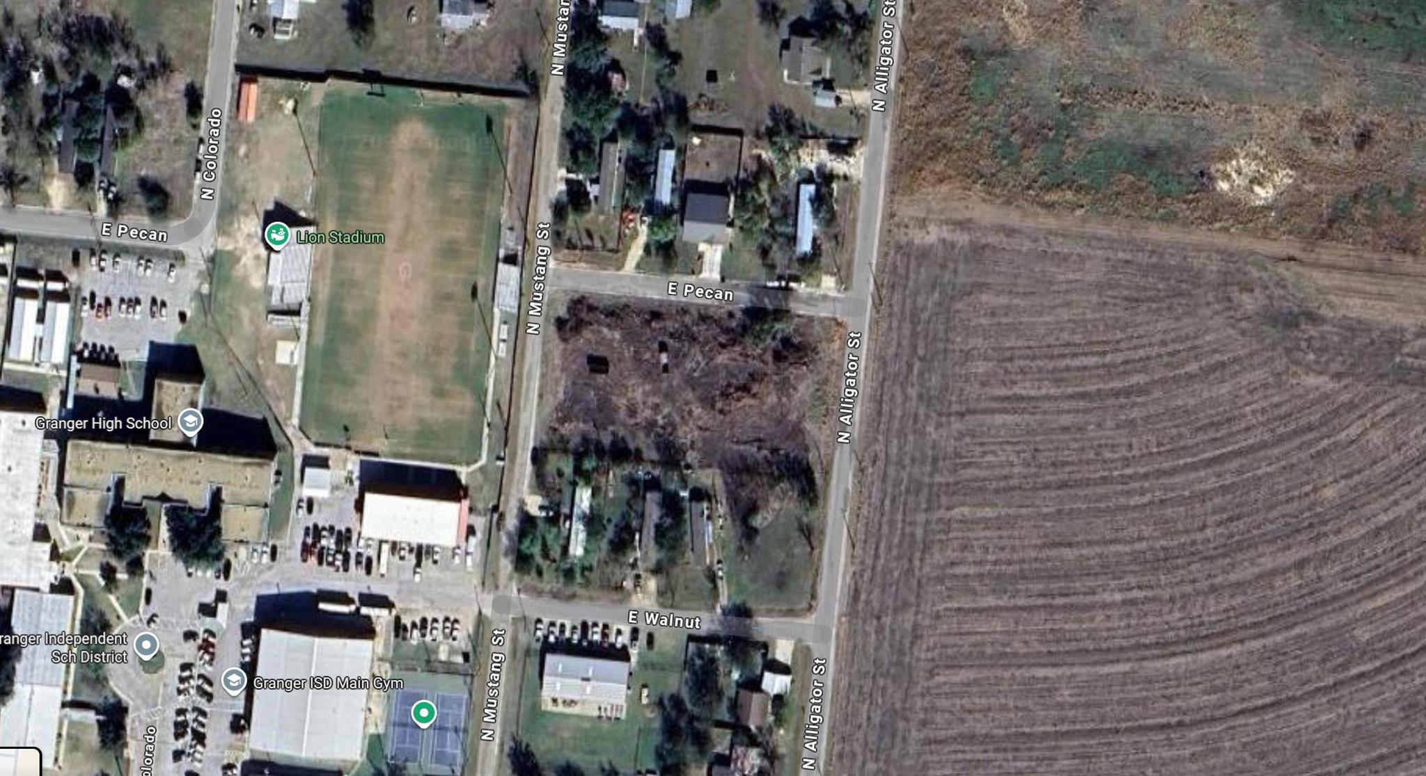 Aerial map of E Pecan Street near Granger High School, Lion Stadium, homes, and surrounding fields.