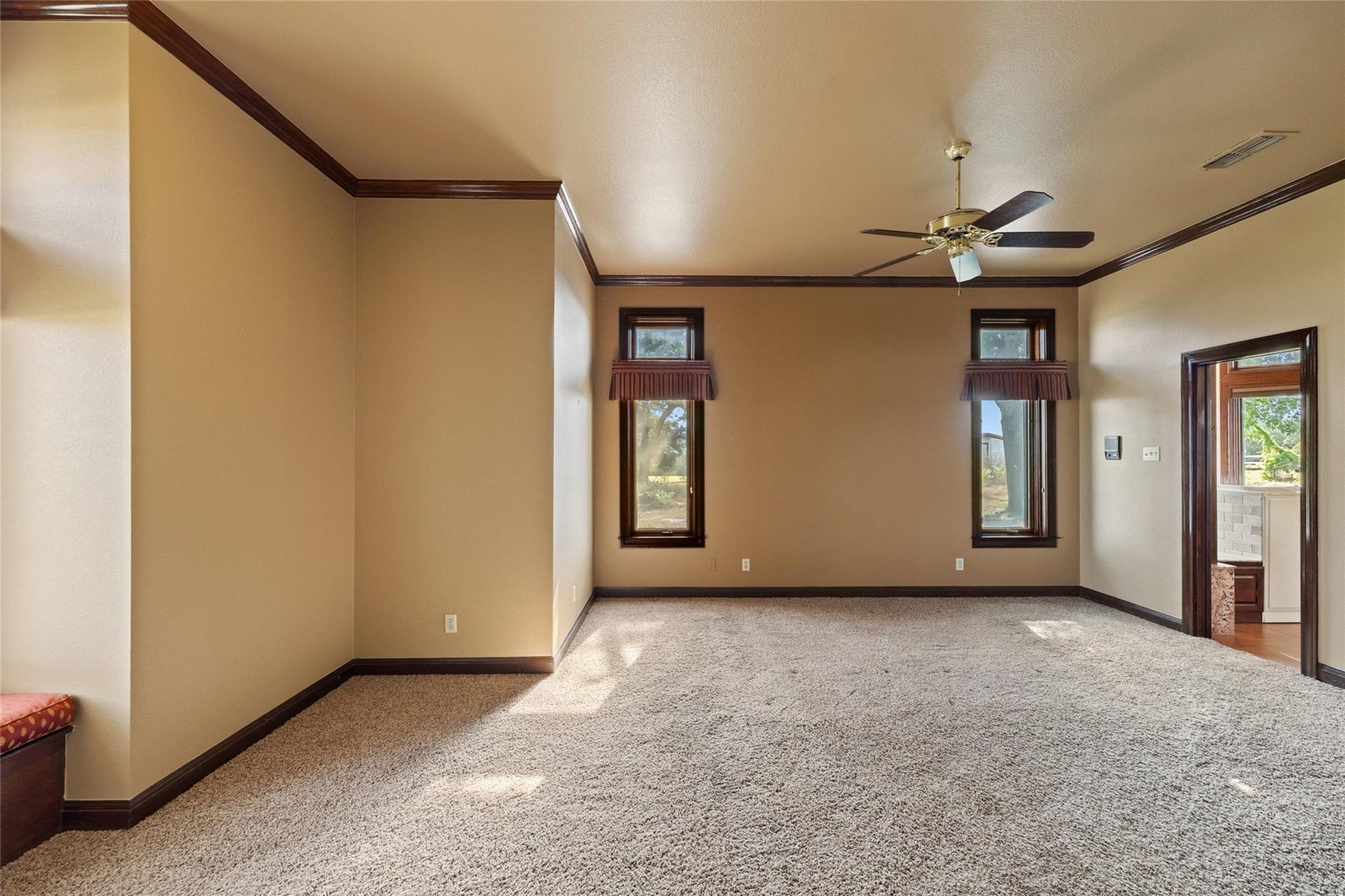 Empty carpeted room with two narrow windows, dark wood trim, and a ceiling fan.
