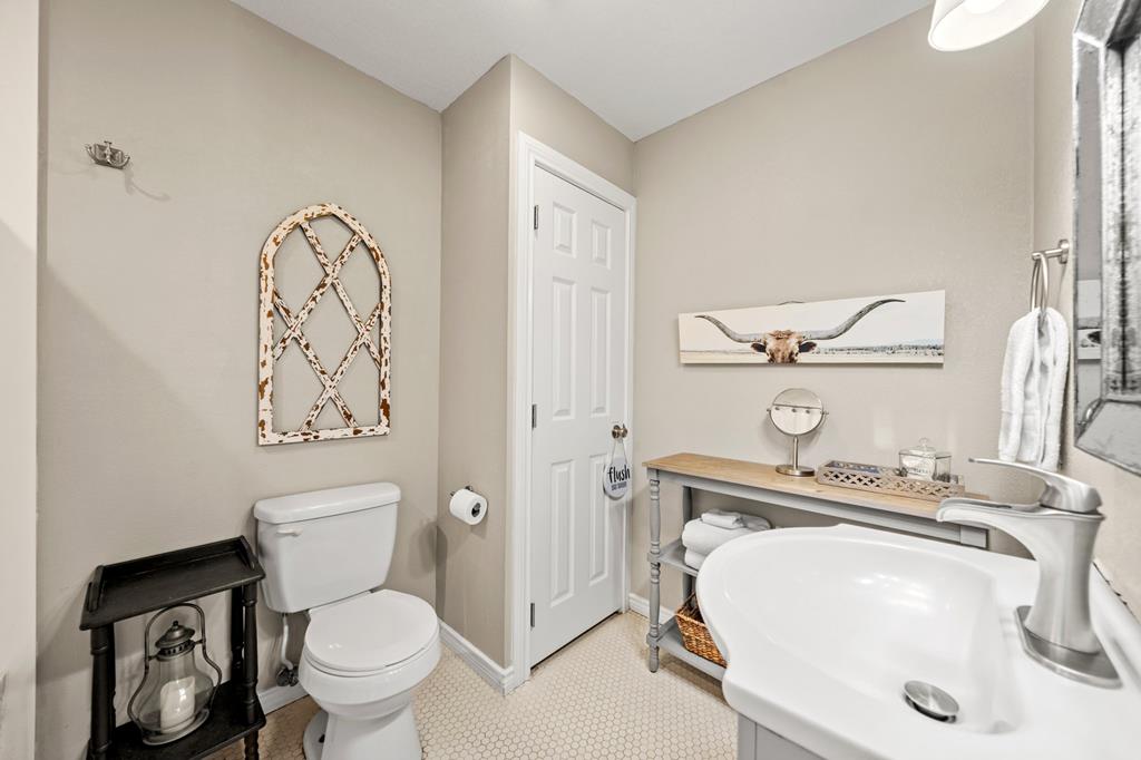 Bathroom with a large white basin sink, console table with towels, and longhorn wall art.