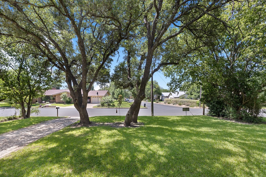 Shaded front lawn beneath mature trees beside a sidewalk and residential street.