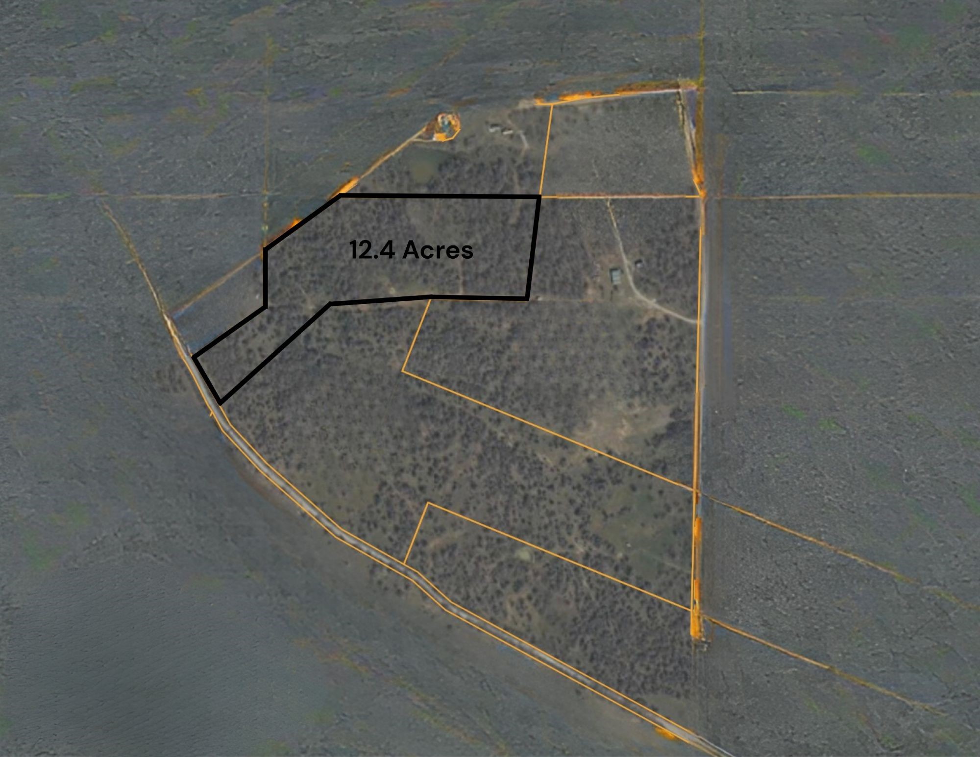 Aerial view of a wooded 12.4-acre parcel outlined in black.
