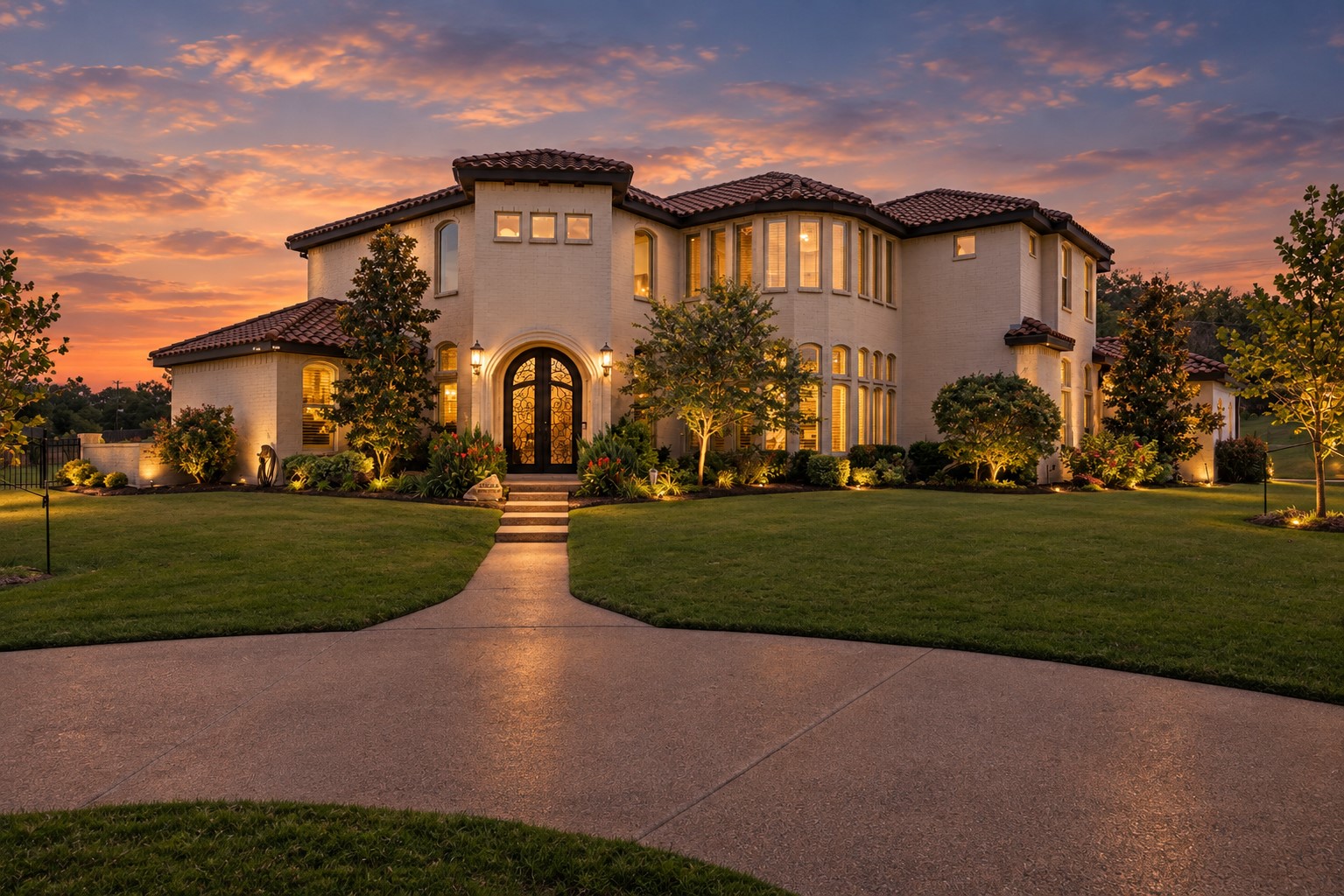 Two-story brick home with an arched entry and landscaped lawn at sunset.