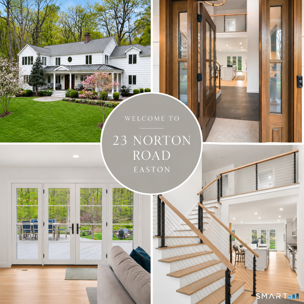 23 Norton Road in Easton, with a white exterior, landscaped yard, wood-framed entry, and open staircase beside the kitchen.