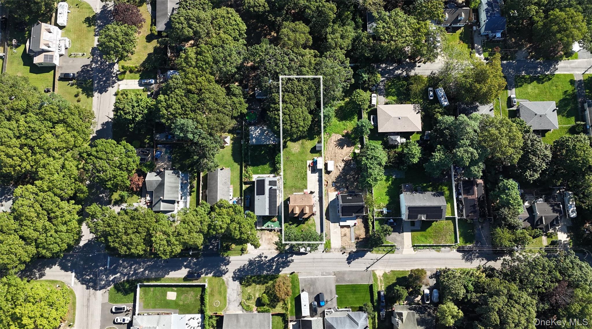Aerial view of a tree-lined residential lot outlined in white among neighboring homes.