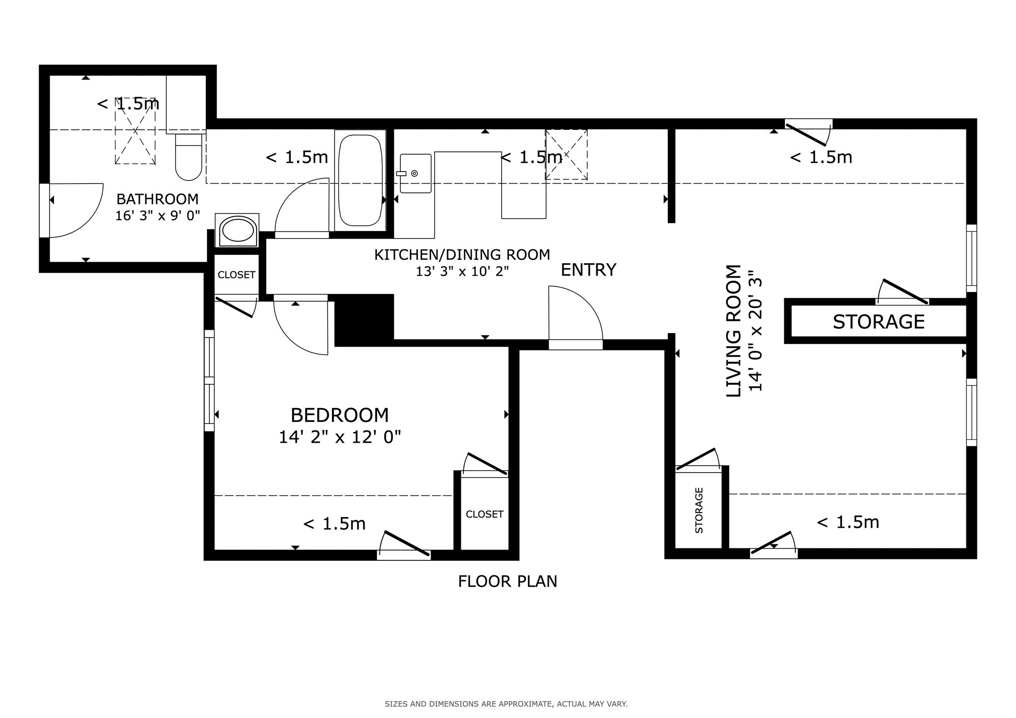Floor plan showing a one-bedroom layout with bathroom, kitchen and dining area, living room, closets, and storage.