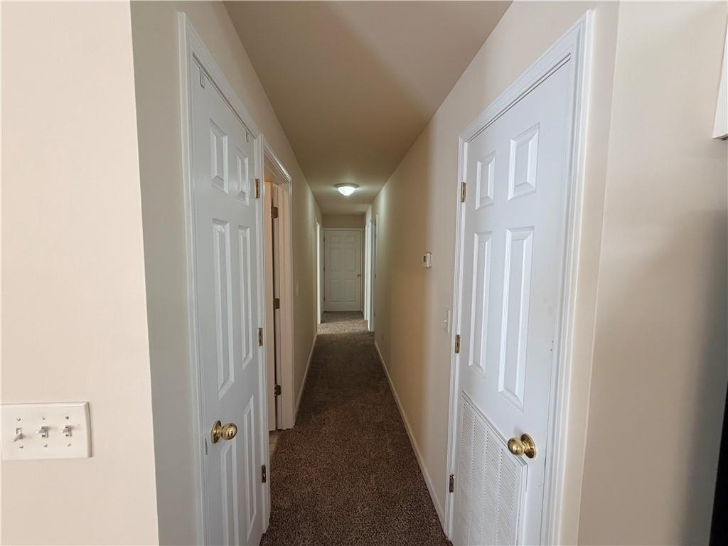 Carpeted hallway with white paneled doors on both sides and a ceiling light.