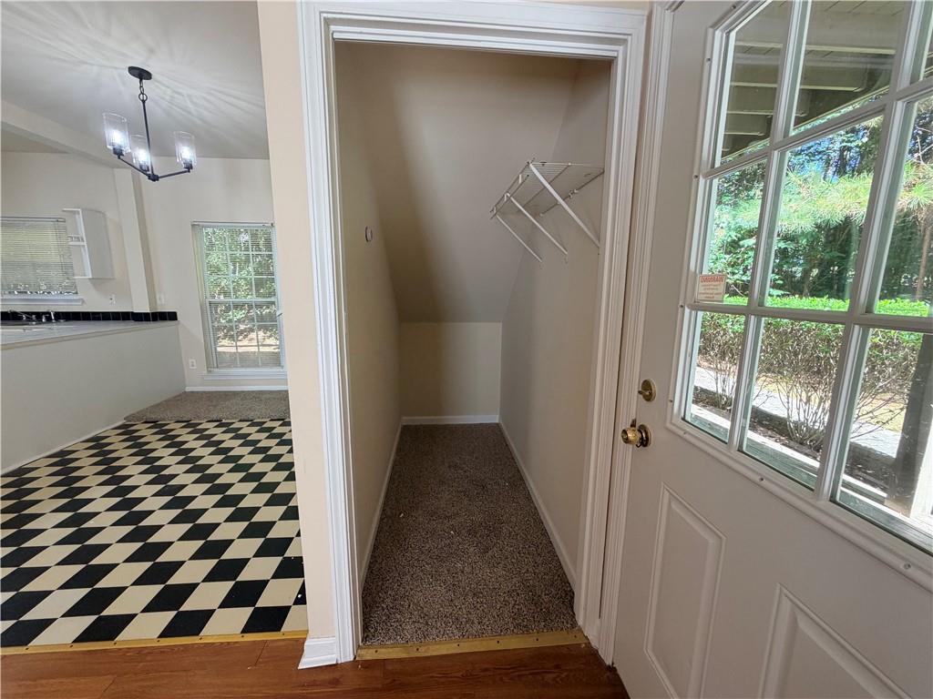 Carpeted walk-in closet with wall-mounted hanging rods beside a black-and-white checkerboard floor.