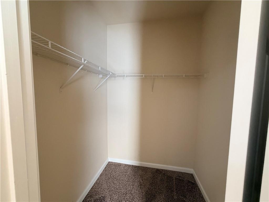 Walk-in closet with white wire shelving and carpeted floor.