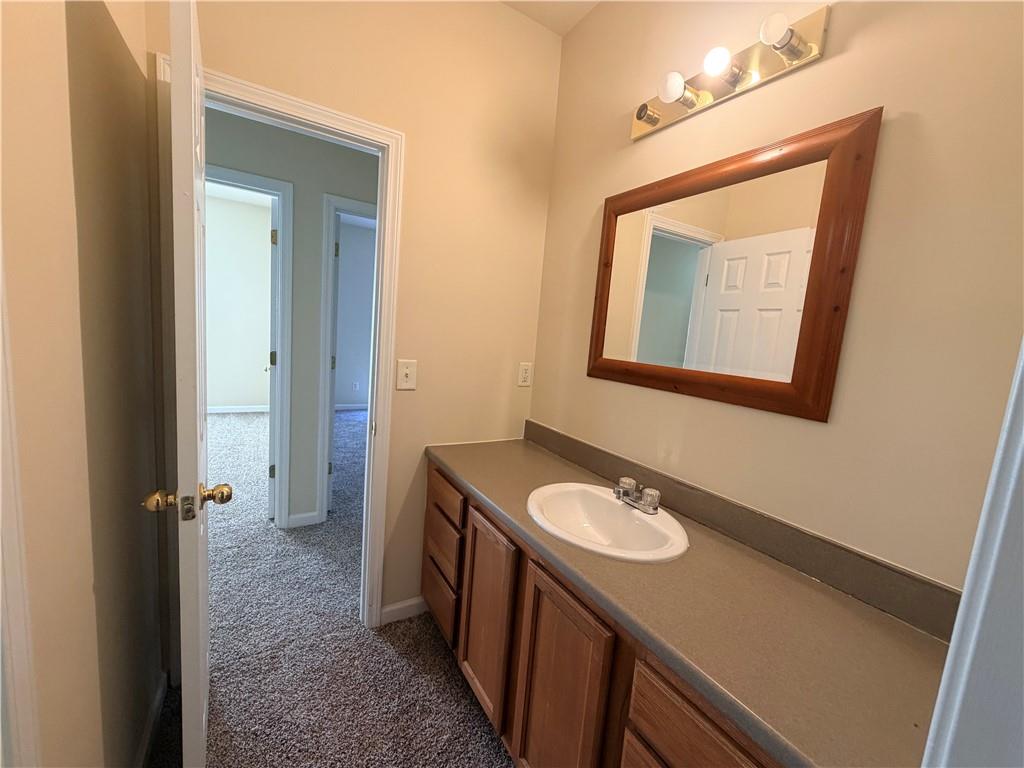 Bathroom vanity with a long countertop, wood cabinets, and a large framed mirror.