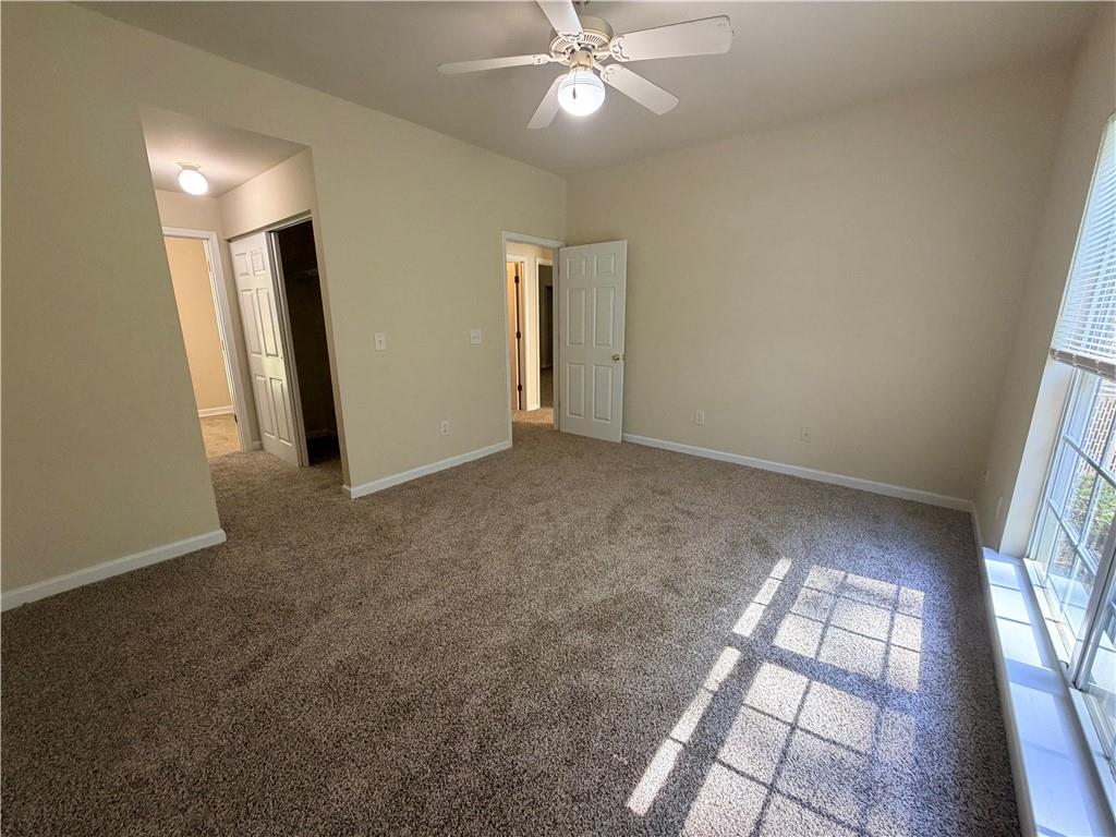 Empty carpeted bedroom with a ceiling fan and tall sunlit windows.