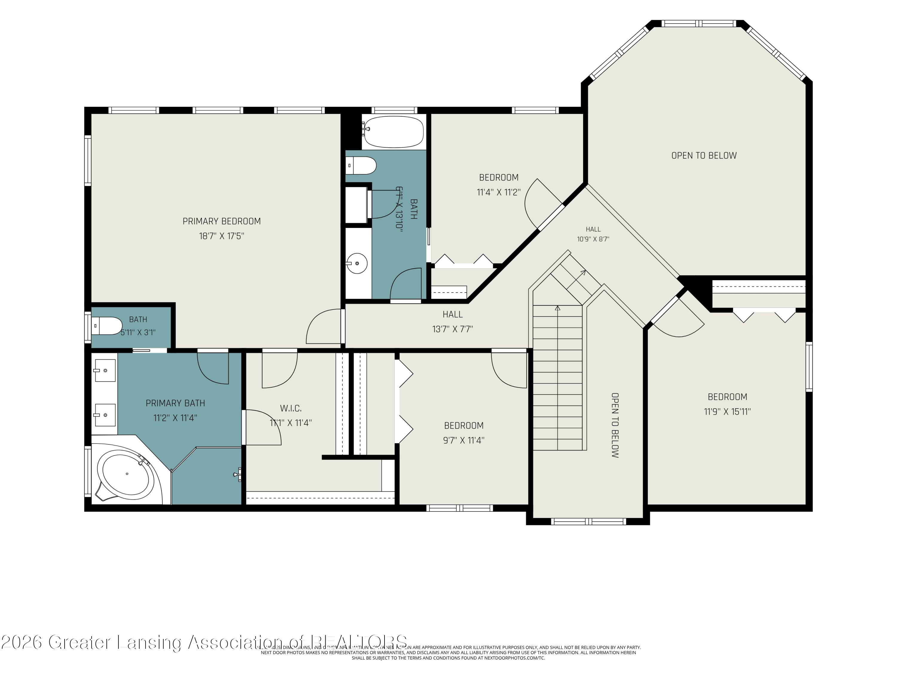 Second-floor floor plan showing the primary suite, three bedrooms, bathrooms, stairs, and open-to-below areas.