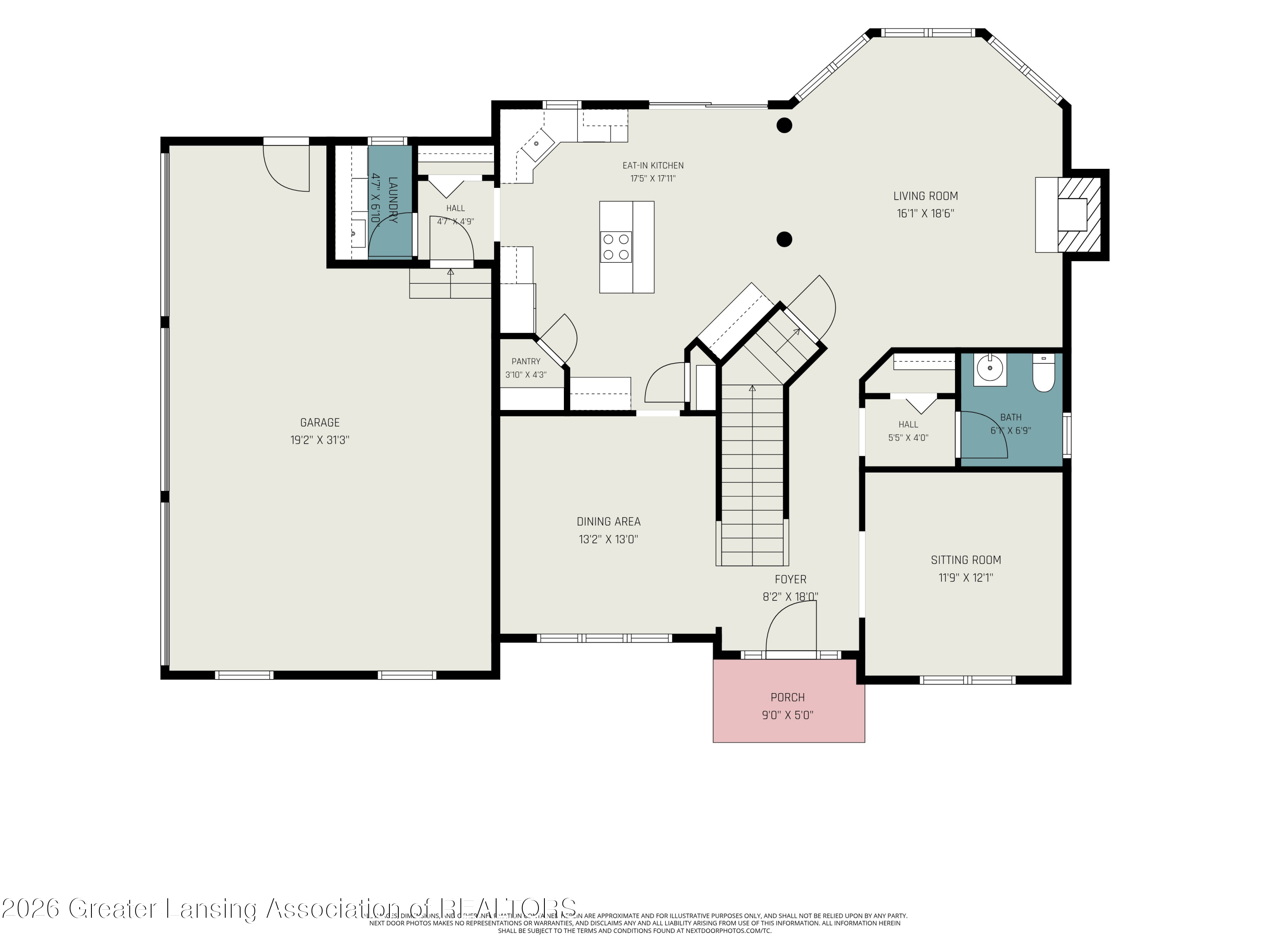 First-floor plan with garage, kitchen, living and dining areas, sitting room, porch, and room dimensions.