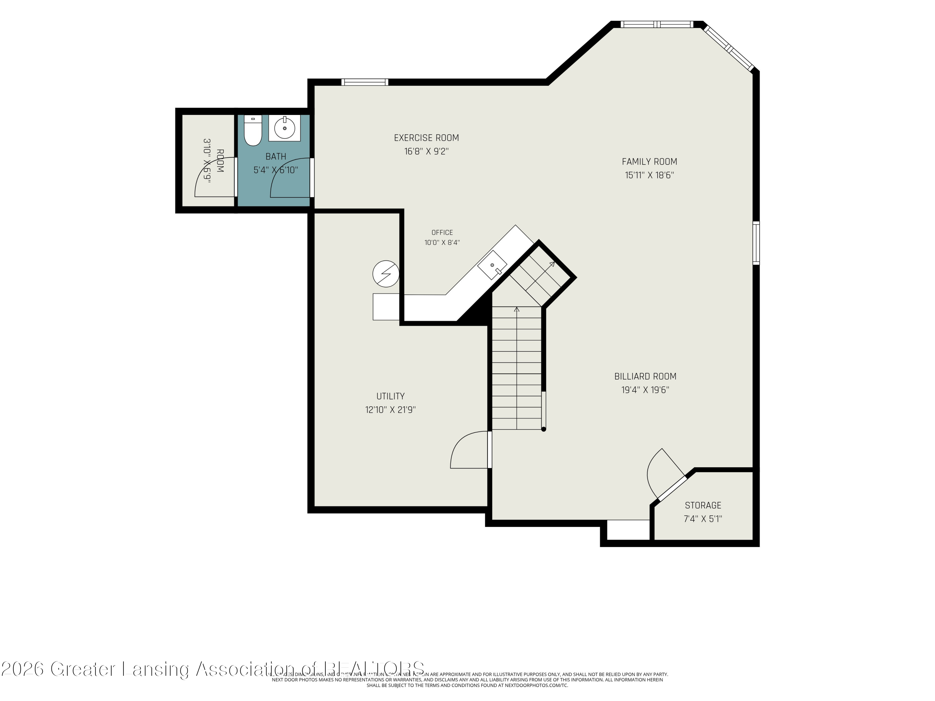 Lower-level floor plan showing a family room, billiard room, exercise room, office, utility room, bath, and storage.