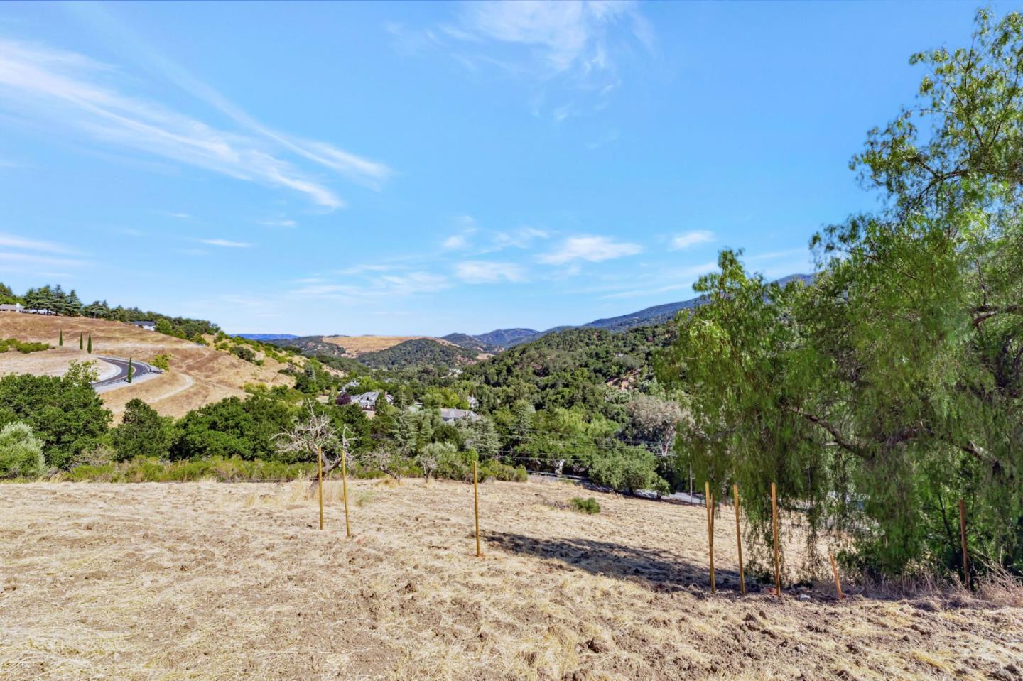 Dry grassy hillside lot overlooking a tree-filled valley and rolling hills.