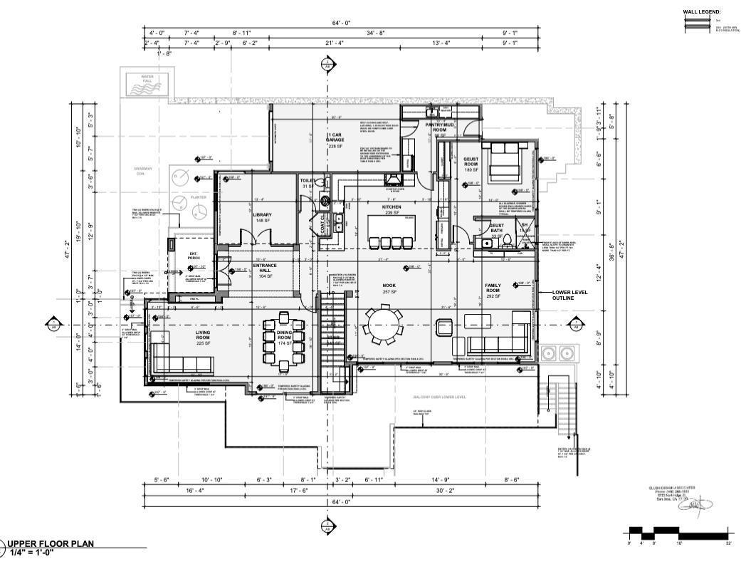 Upper-floor architectural plan showing labeled rooms, dimensions, and furniture layouts.