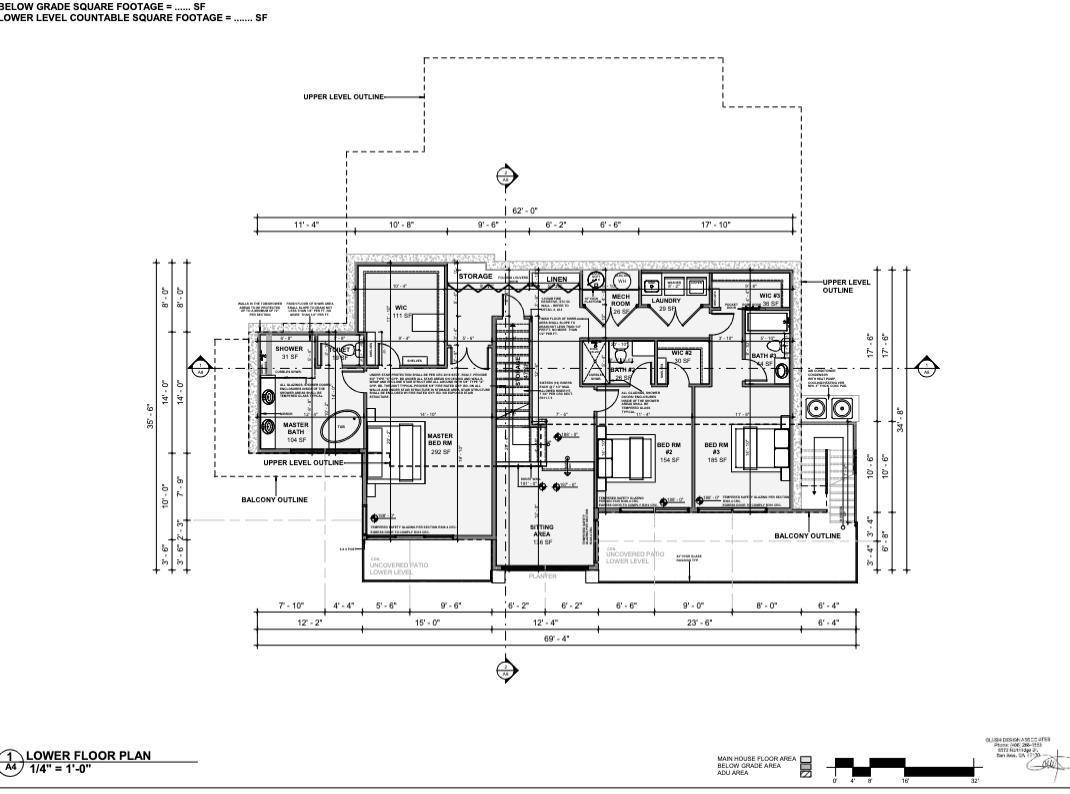Lower-floor plan showing bedrooms, bathrooms, laundry, storage, balconies, and dimensions.