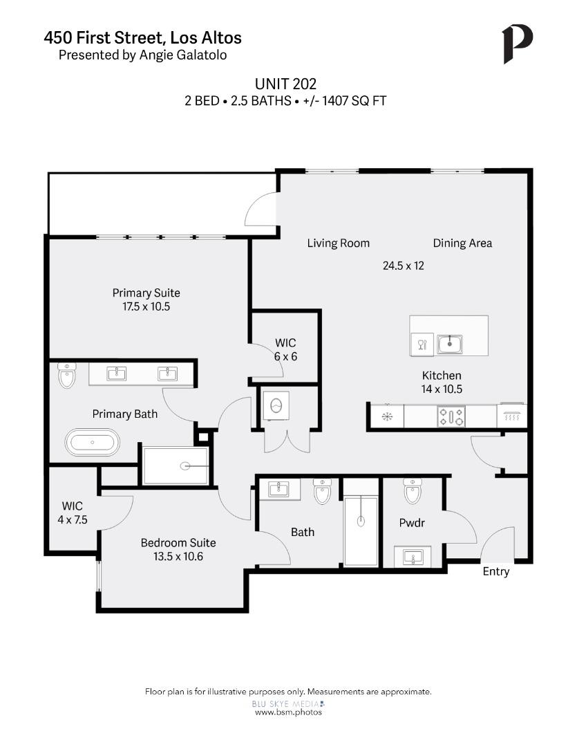 Floor plan for Unit 202 at 450 First Street, with two bedroom suites and an open living, dining, and kitchen area.