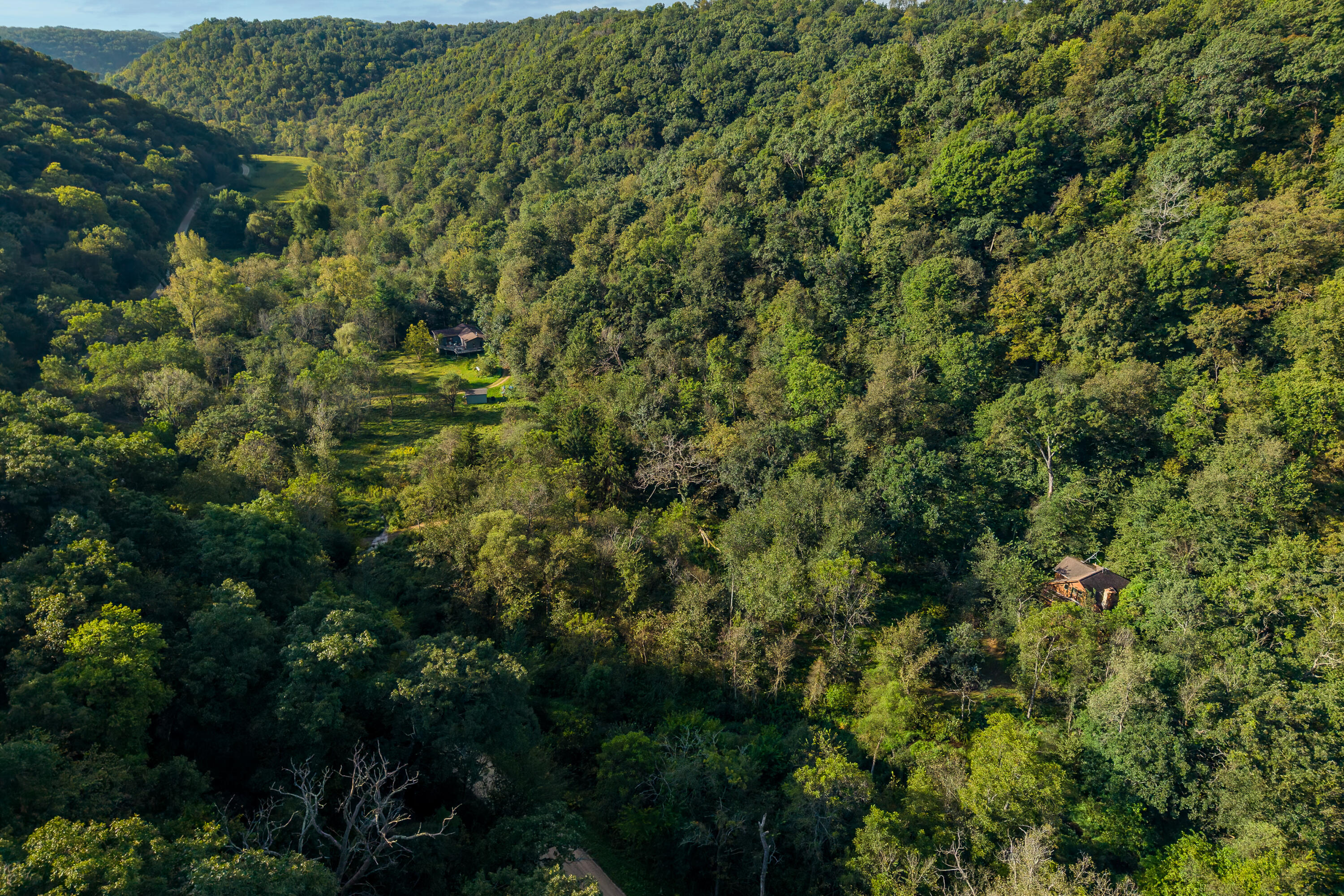 Aerial view of two homes nestled in a densely wooded valley.