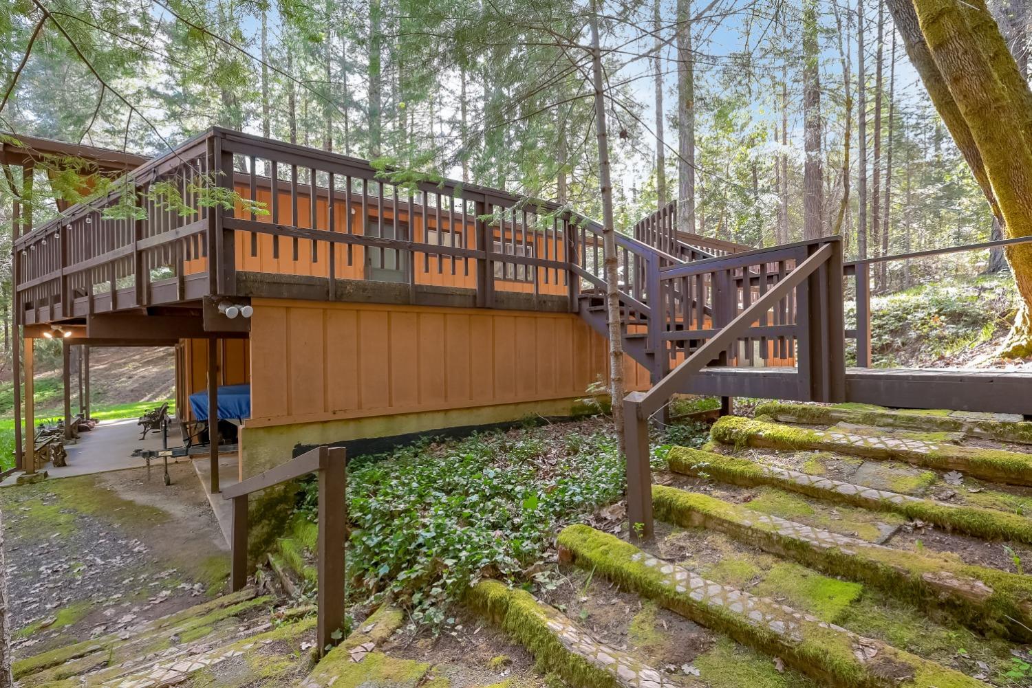 Raised wood-sided home with an elevated deck and moss-covered stone steps among trees.