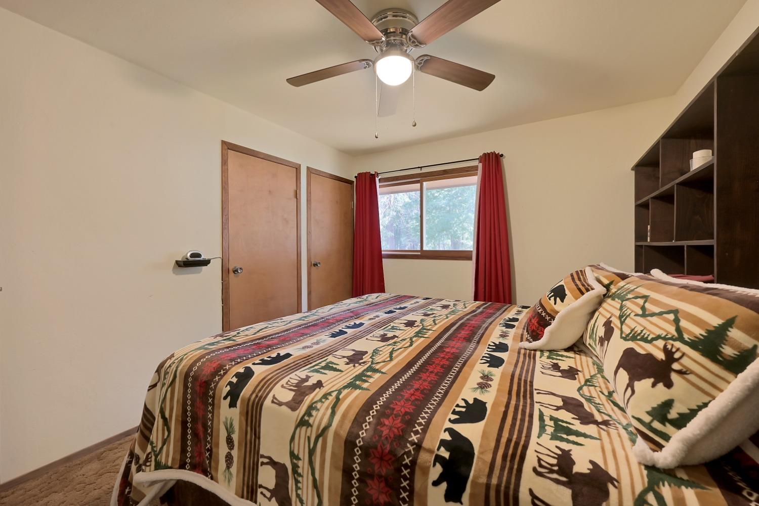 Bedroom with wildlife-print bedding, red curtains, and dark built-in shelving.