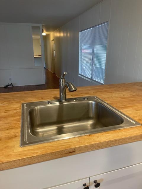 Kitchen sink set in a wood countertop, with a hallway and window with blinds in the background.