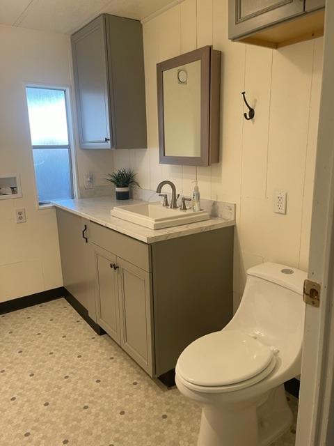Bathroom with a gray vanity, vessel sink, toilet, and frosted window.