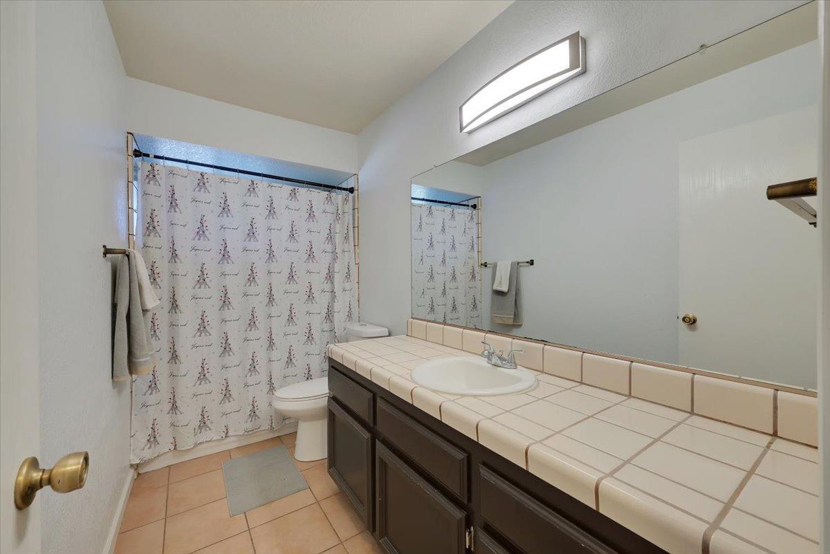 Bathroom with a tiled vanity, large mirror, and Eiffel Tower-patterned shower curtain.