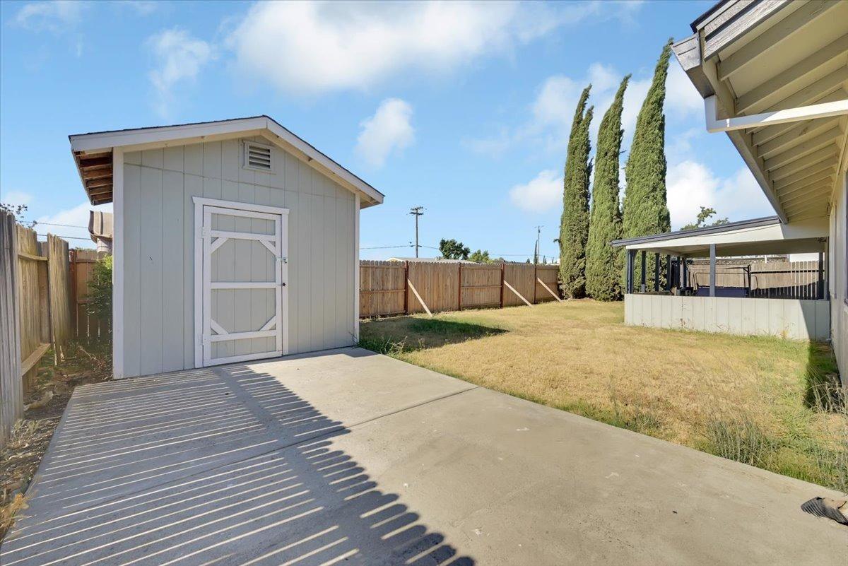 Fenced backyard with a gray storage shed, broad concrete patio, and tall cypress trees.