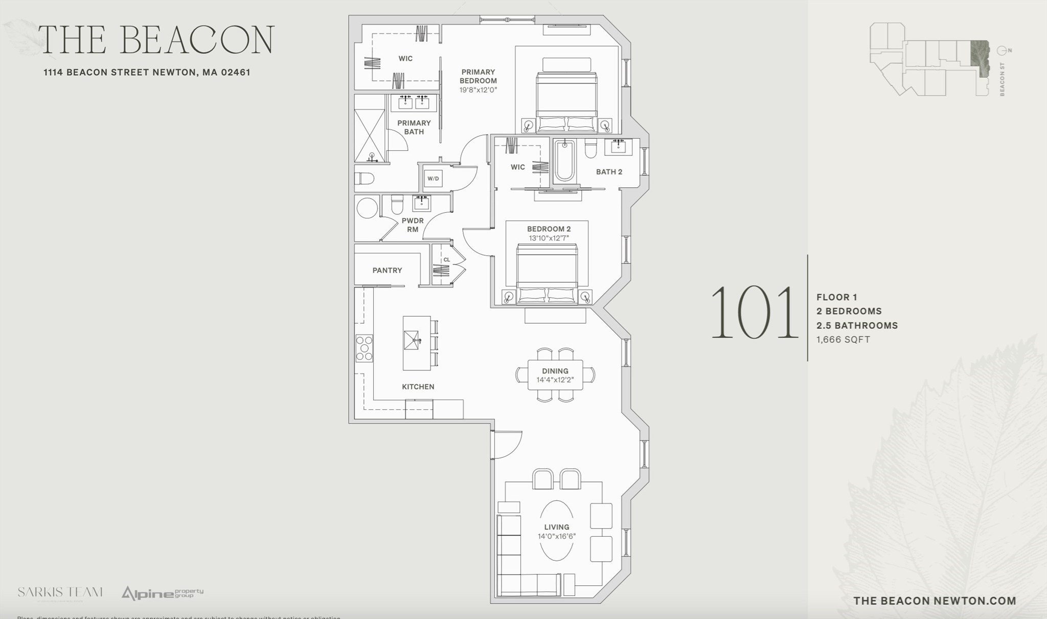 Unit 101 floor plan at The Beacon, showing two bedrooms, 2.5 bathrooms, and 1,666 square feet.