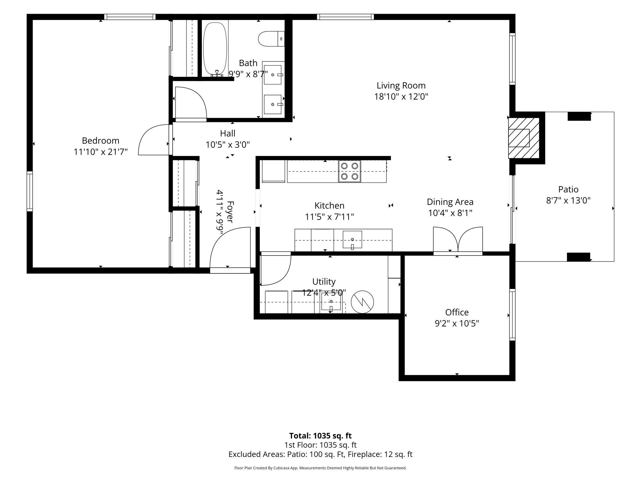 First-floor plan showing a bedroom, living room, kitchen, dining area, office, and patio.
