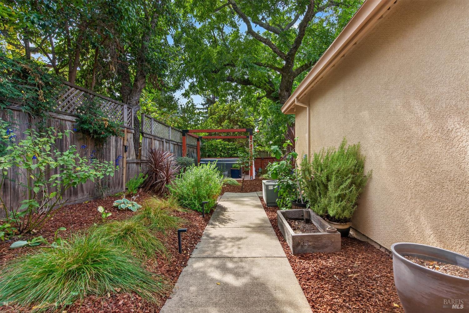 Side yard walkway leads past landscaped beds to a red-and-black pergola beneath mature trees.