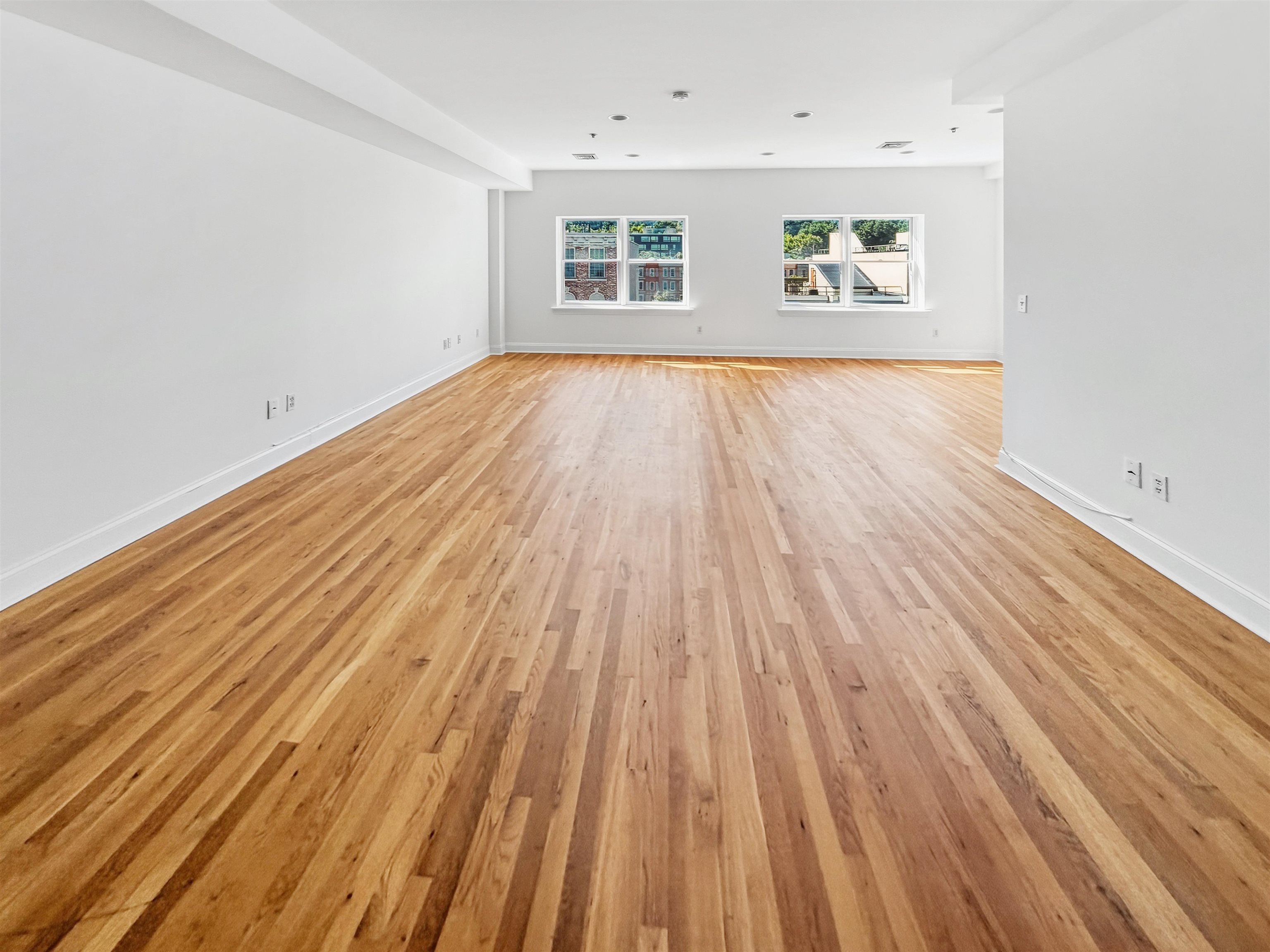 Vacant living area with wide-plank hardwood floors and two windows.