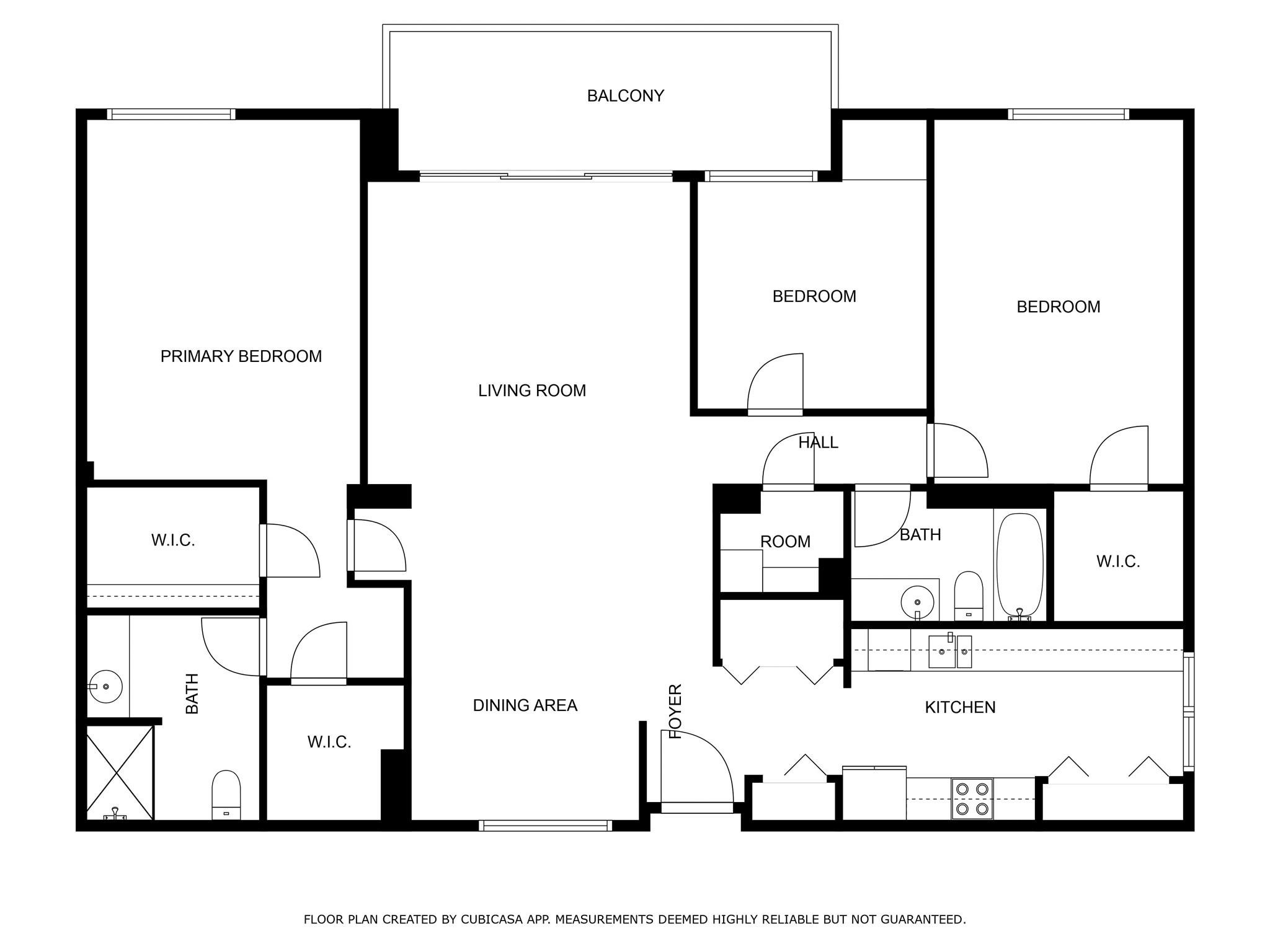 Floor plan showing three bedrooms, living and dining areas, kitchen, bathrooms, walk-in closets, and balcony.
