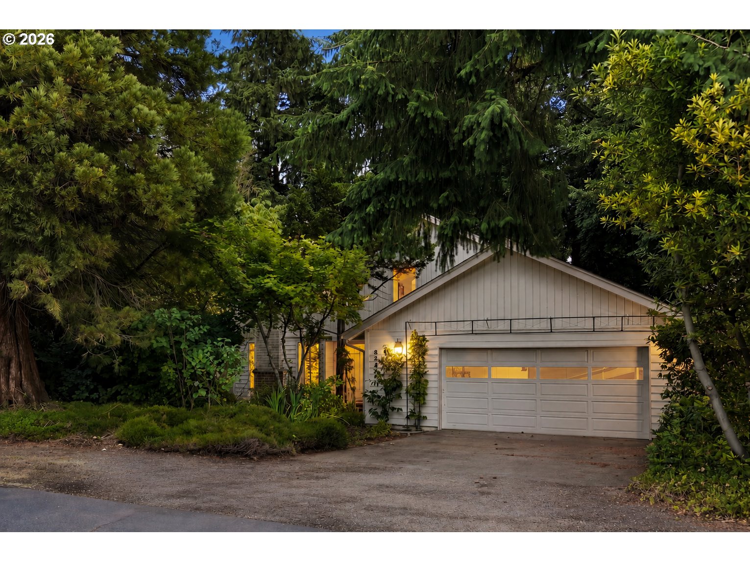 White gabled house and double garage framed by dense trees at dusk.