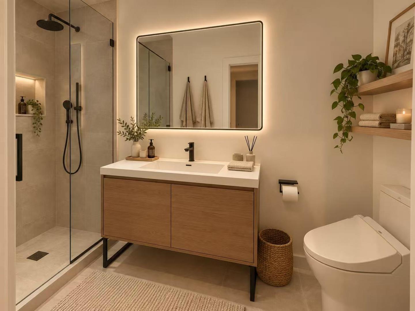 Bathroom with a glass-enclosed shower, wood vanity, backlit mirror, and toilet.